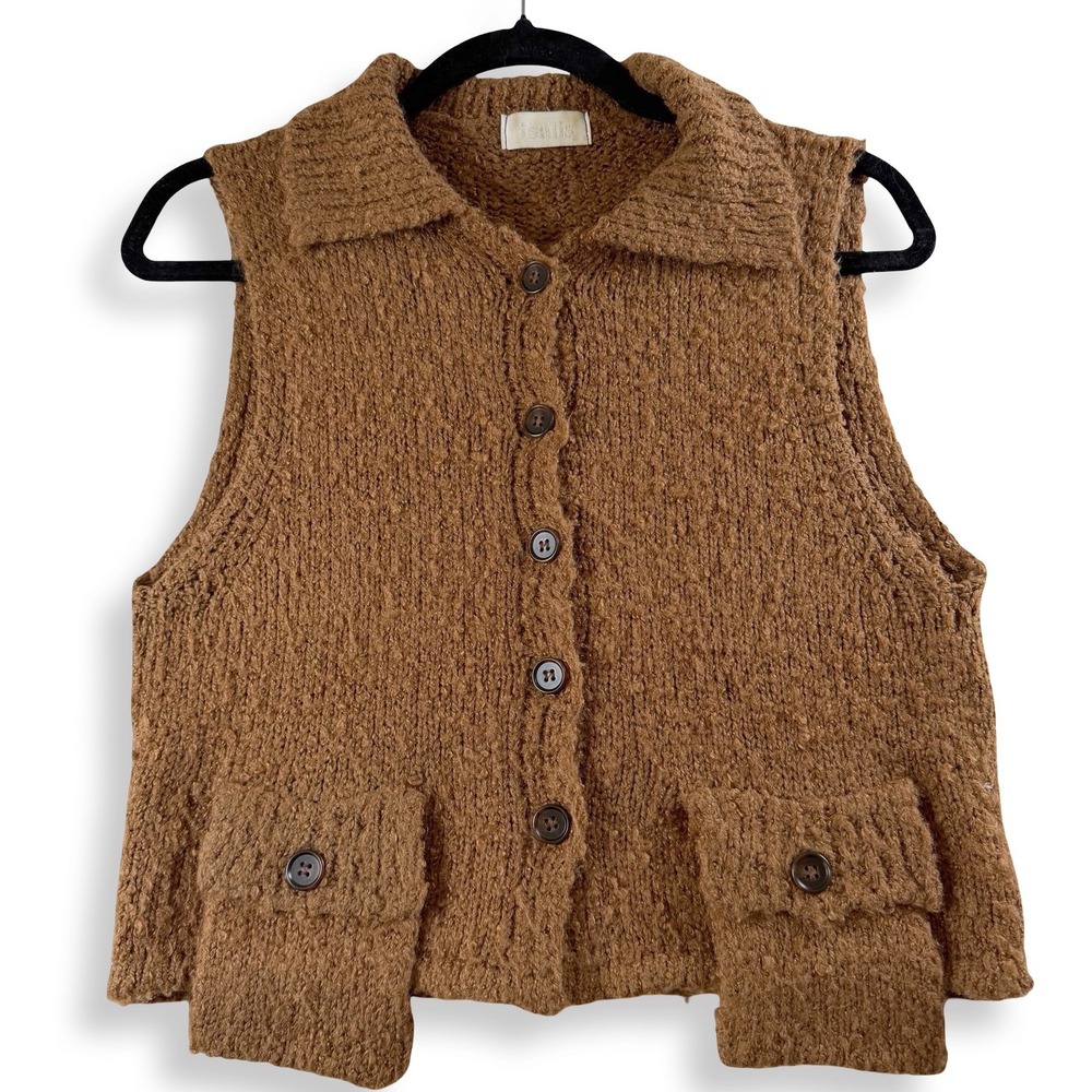 Isalis Womens S Brown Knit Sweater Vest Cropped Collared Button Front Pockets